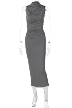 Ruched Solid Sleeveless Slit Midi Dress - Y2K Fashion Essential for Chic Aesthetic Outfits