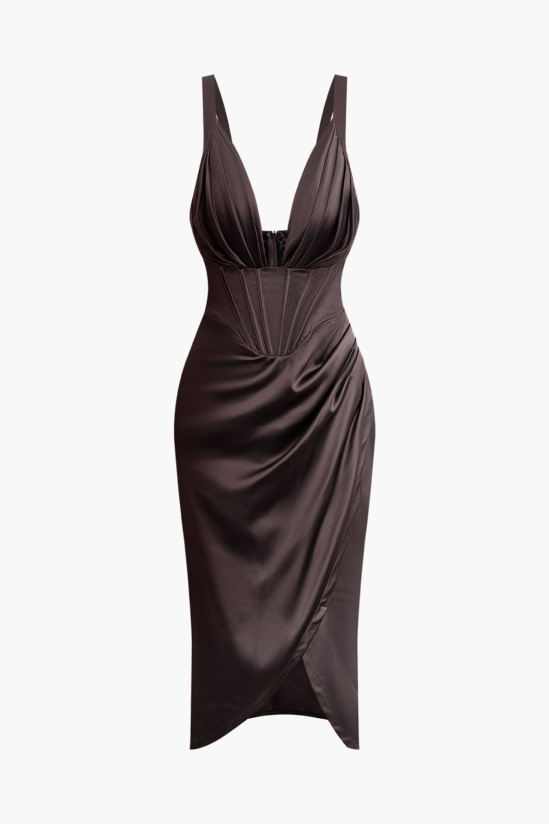 Ruched V-Neck Slit Midi Dress - Y2K Aesthetic Chic for Effortless Style and Elegance