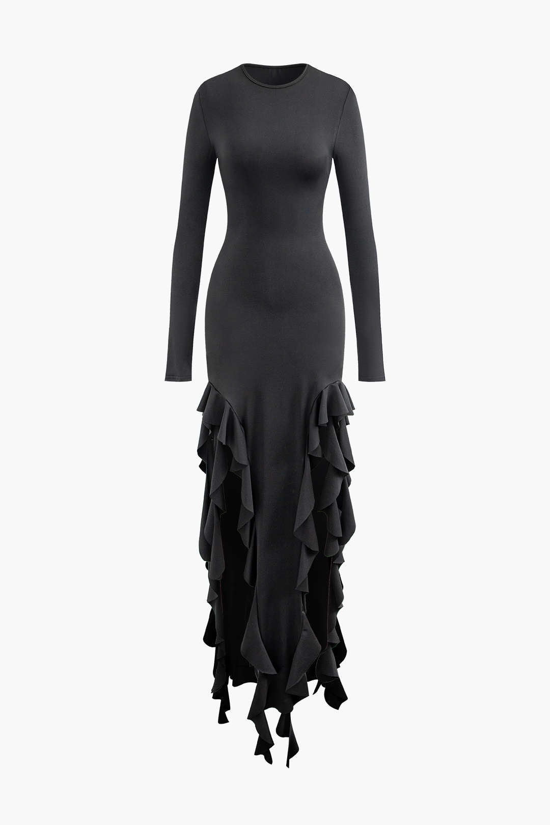 Ruffle Hem Long Sleeve Maxi Dress in Y2K Style - Perfect for Coquette and Grunge Aesthetics