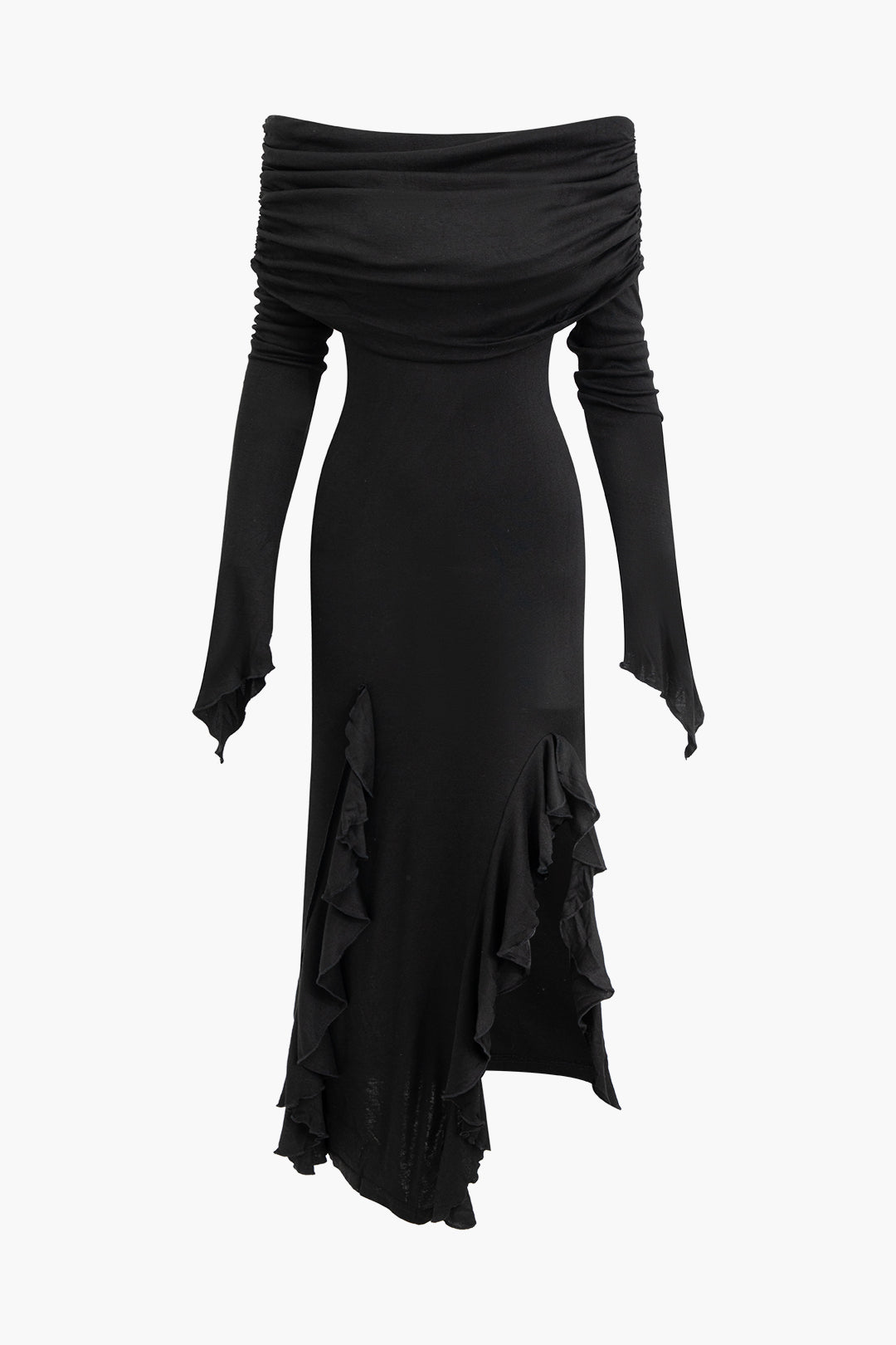 Ruffle Trim Off Shoulder Slit Maxi Dress - Y2K Aesthetic Evening Wear for Chic Style