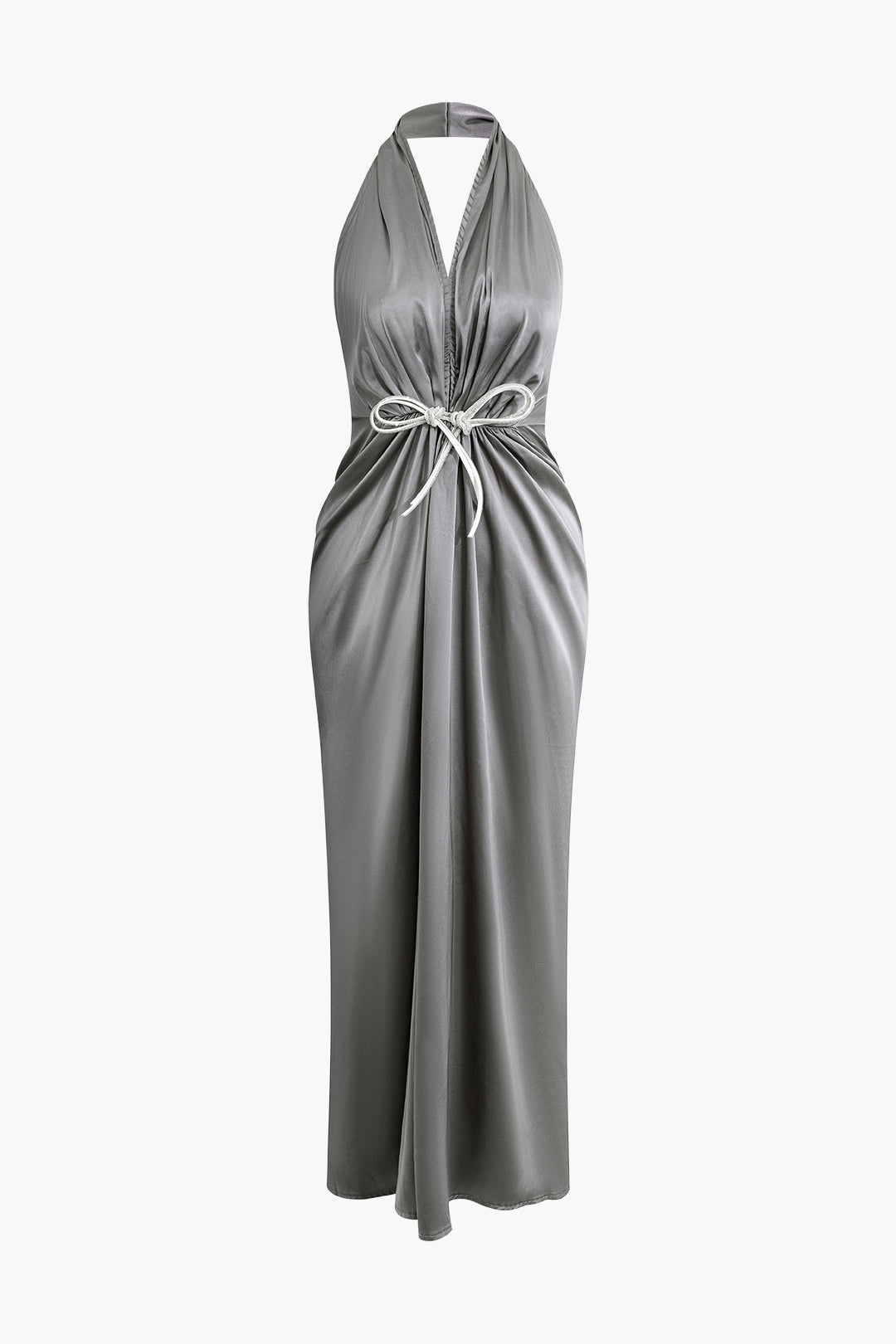 Satin Backless Halter V-Neck Ruched Maxi Dress with Tie - Y2K Aesthetic Evening Wear