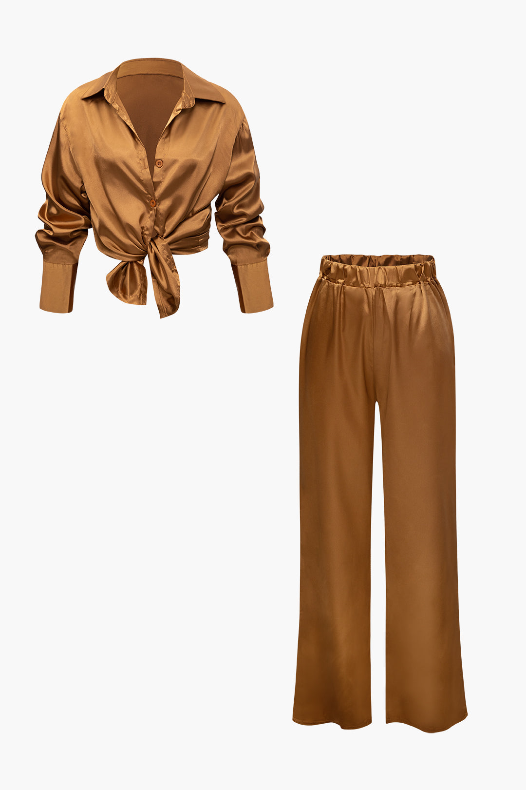 Satin Button-Up Long Sleeve Shirt and Pants Set for Y2K Fashion Aesthetic Outfits