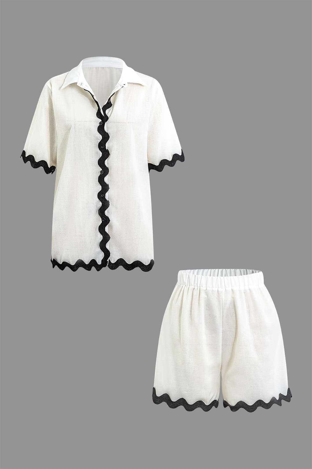 Scallop Trim Y2K Aesthetic Short Sleeve Shirt and Matching Shorts Set for Trendy Outfits