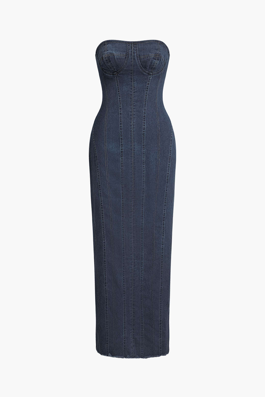 Seam Detail Zipper Slit Denim Strapless Maxi Dress - Y2K Aesthetic Fashion Statement