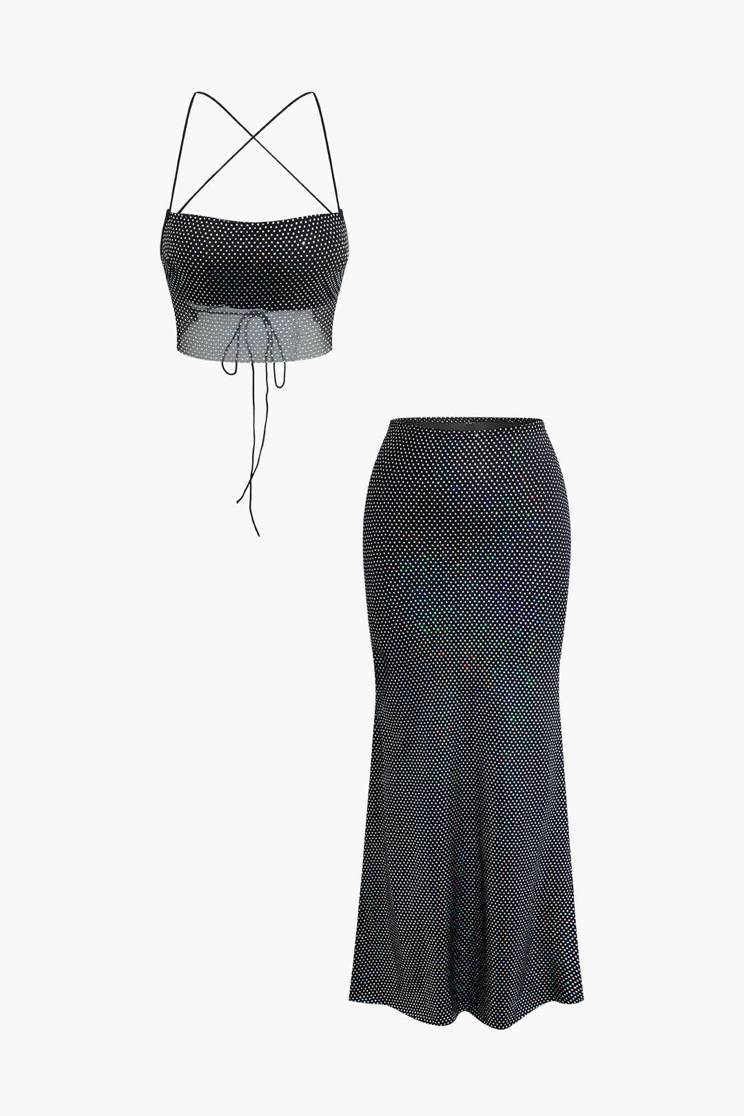 Sequin Cross Tie Back Cami Top with Mermaid Maxi Skirt Set for Y2K Aesthetic Outfits