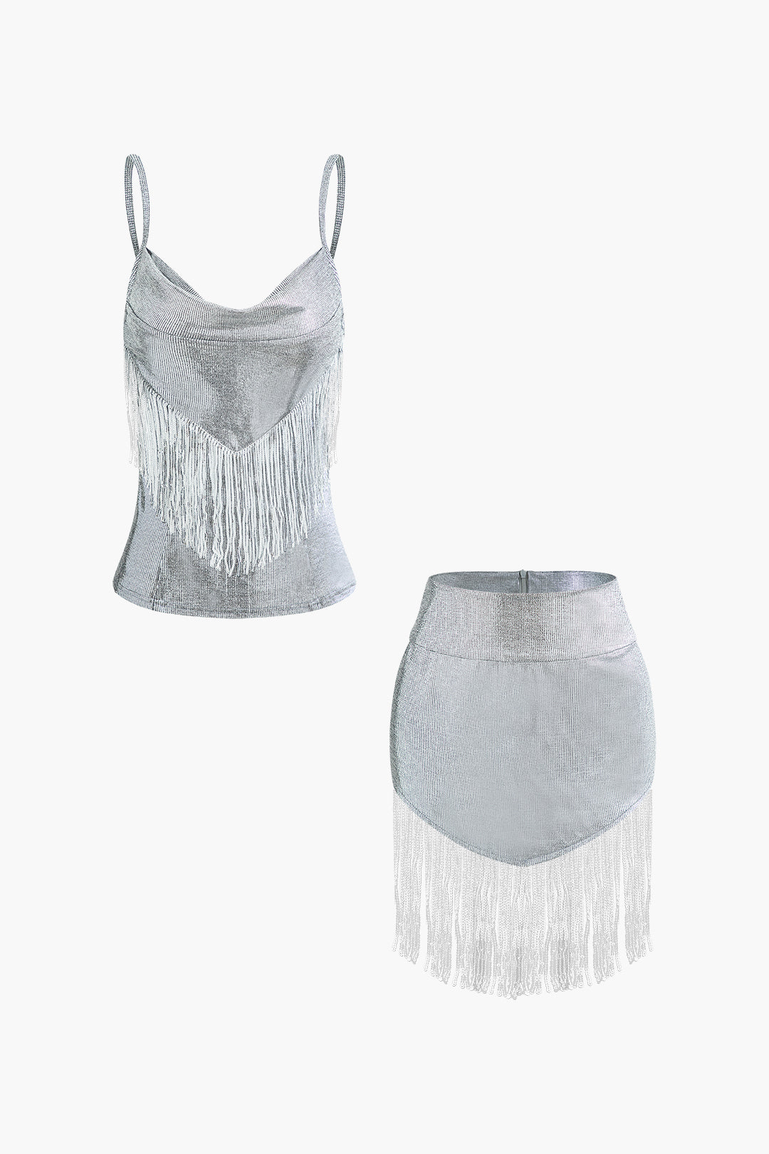 Sequin Fringe Cowl Neck Cami Top & Mini Skirt Set for Y2K Aesthetic Outfits