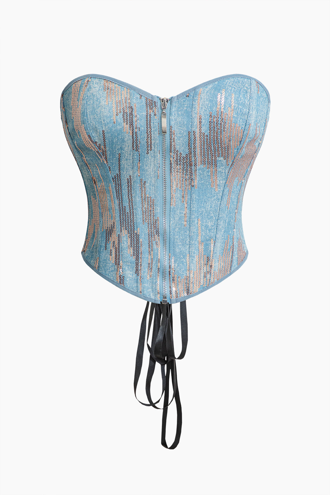 Sequin Lace-Up Denim Tube Top with Zipper - Y2K Fashion Statement Piece