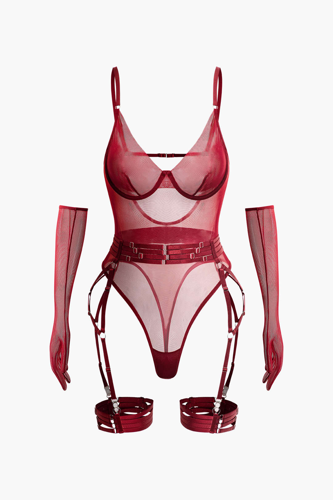 Sheer Mesh Backless Bodysuit with Belt and Gloves for Y2K Fashion Aesthetic