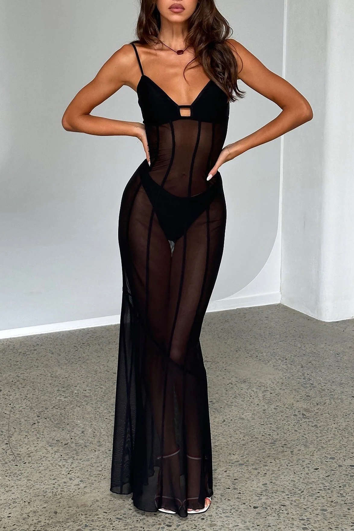 Sheer Mesh V-Neck Maxi Dress - Y2K Aesthetic Fashion for Effortless Style and Elegance