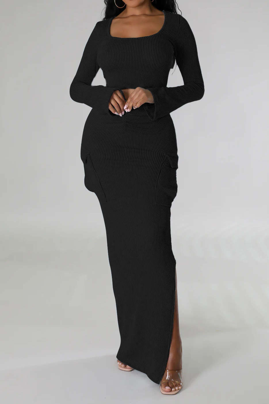 Solid Square Neck Long Sleeve Crop Top with Ruched Split Flap Pocket Maxi Skirt Set in Y2K Style