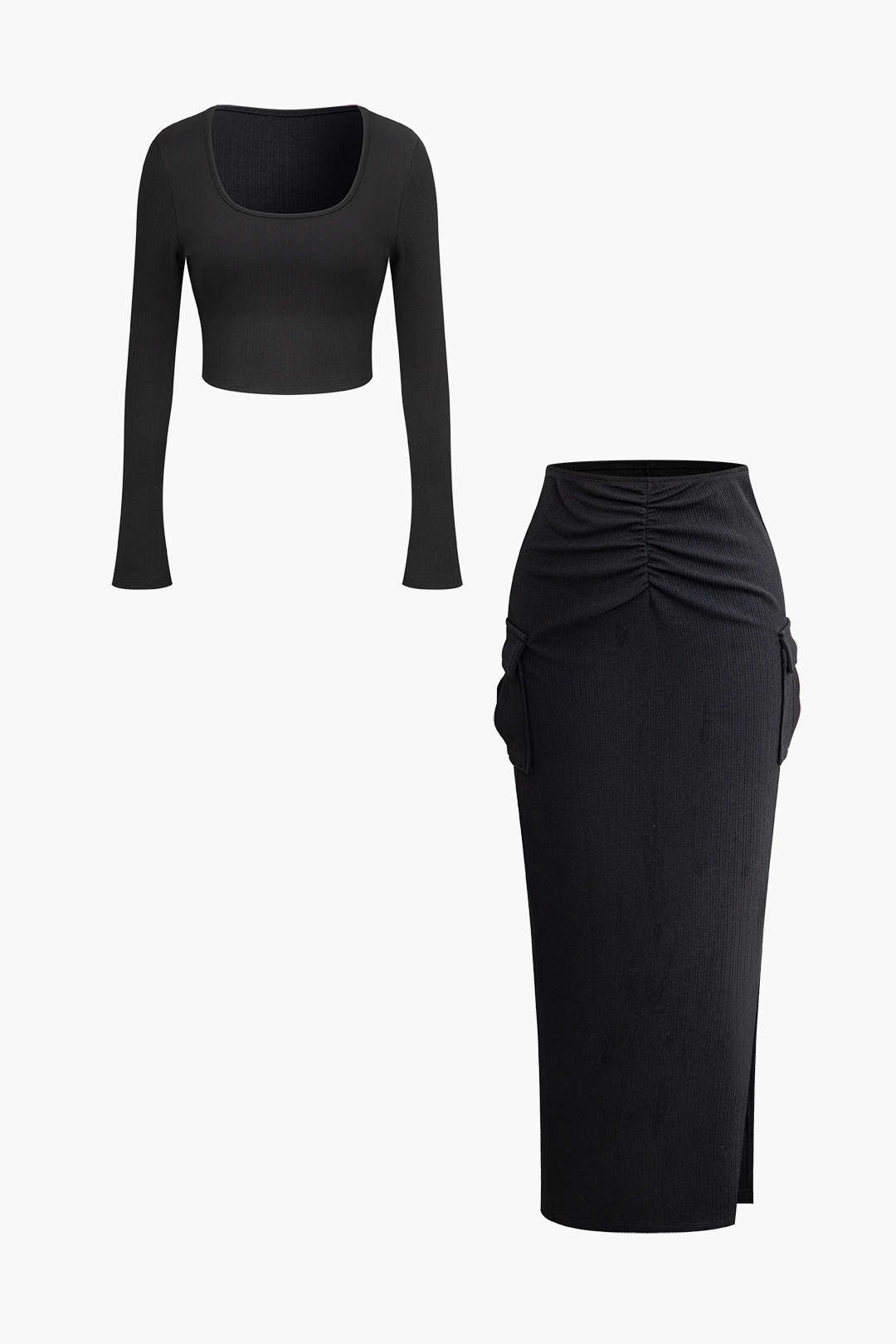 Solid Square Neck Long Sleeve Crop Top with Ruched Split Flap Pocket Maxi Skirt Set in Y2K Style