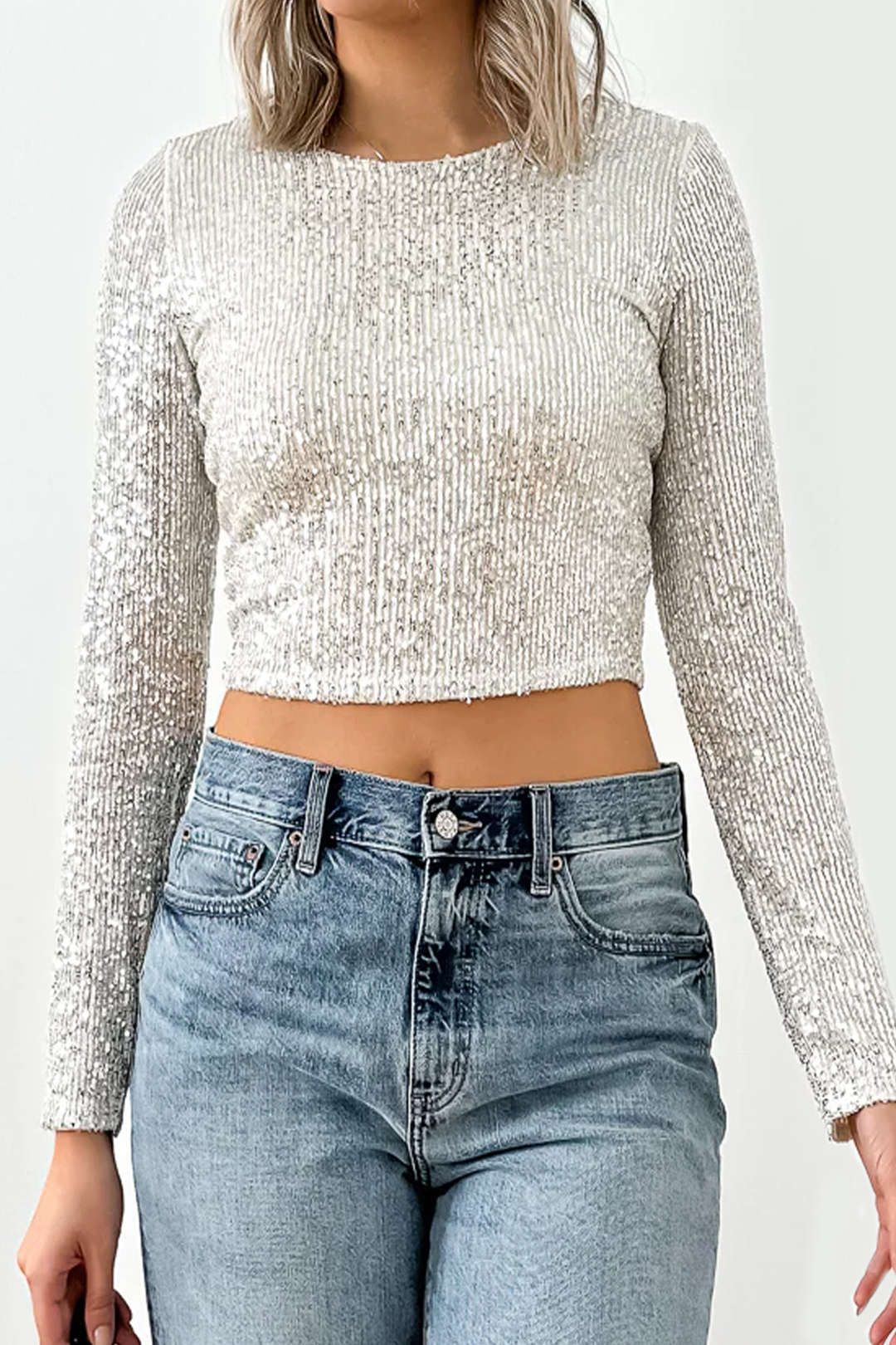 Sparkly Sequin Round Neck Long Sleeve Top for Y2K Fashion and Coquette Aesthetic
