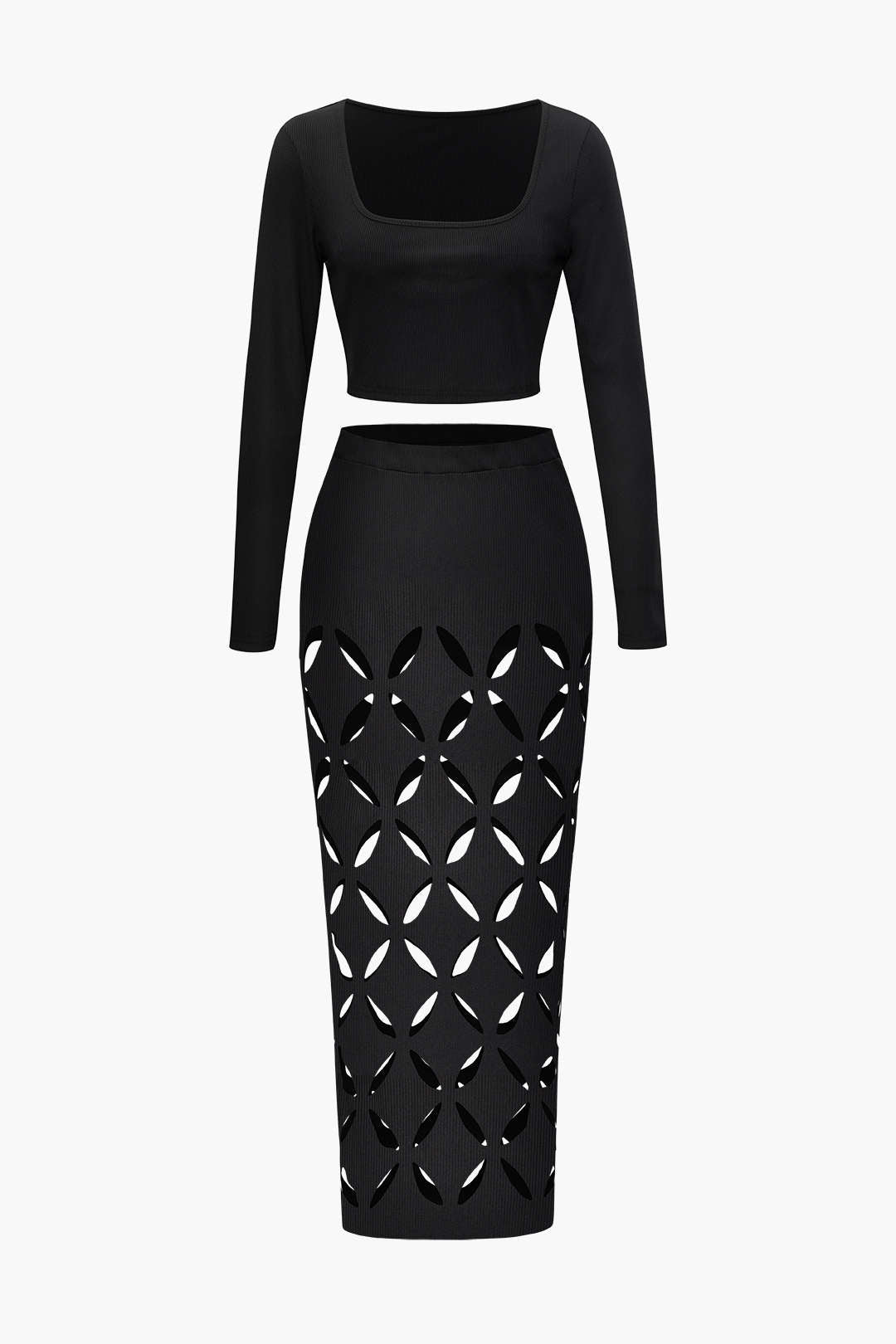 Square Neck Long Sleeve Crop Top & Cut Out Maxi Skirt Set - Y2K Aesthetic Outfit