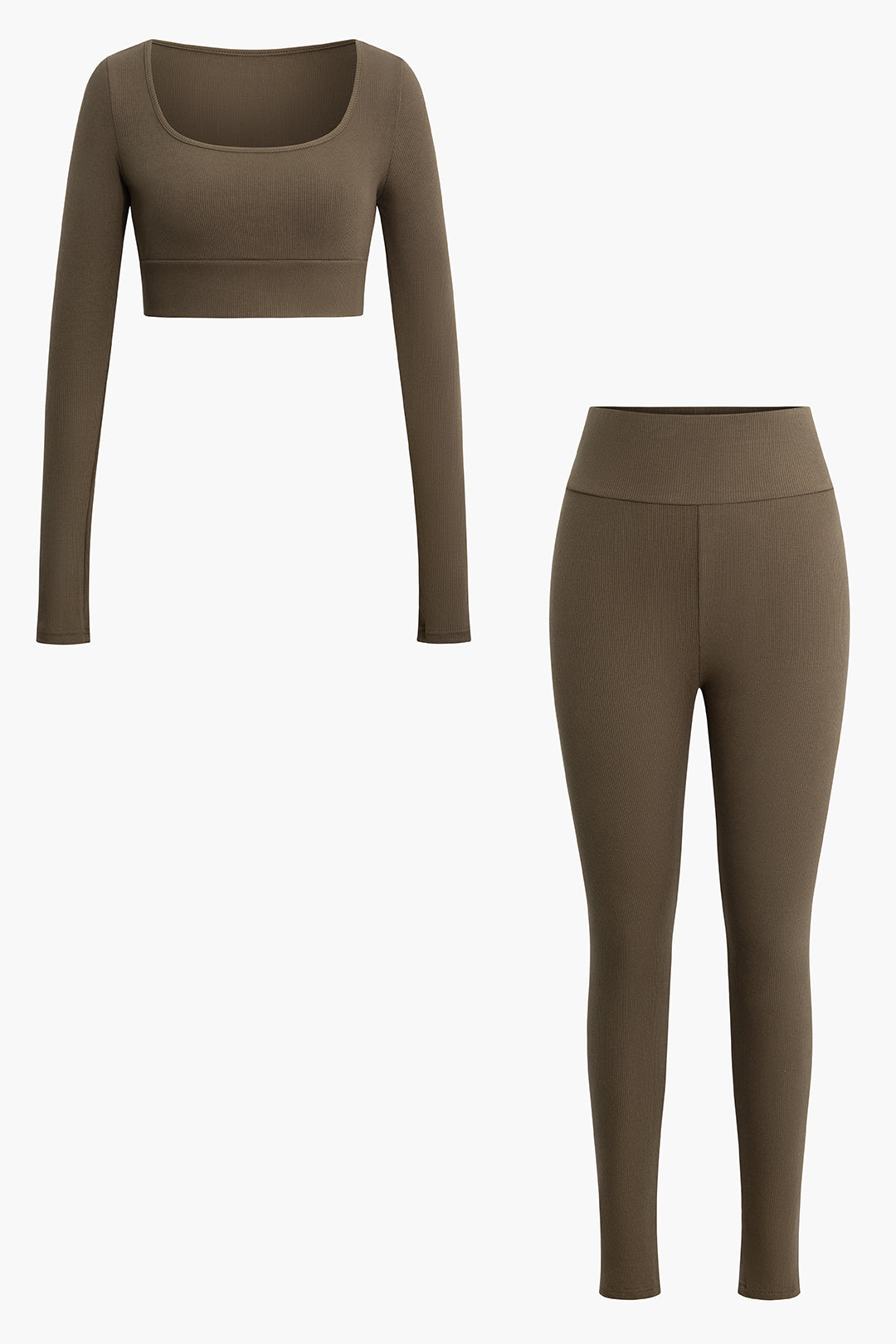 Square Neck Long Sleeve Crop Top & Rib Knit Leggings Set - Y2K Aesthetic Outfit