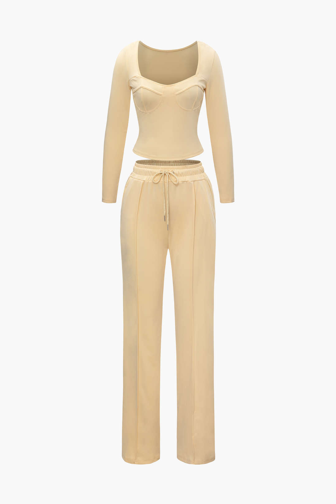 Square Neck Long Sleeve Top & Tie Waist Pants Set - Y2K Aesthetic Outfit for Stylish Looks