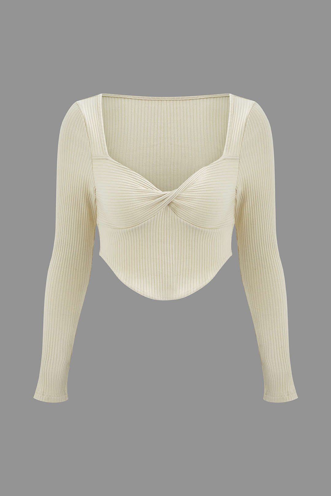 Square Neck Twist Front Crop Top - Y2K Aesthetic Long Sleeve Rib Knit Cute Top