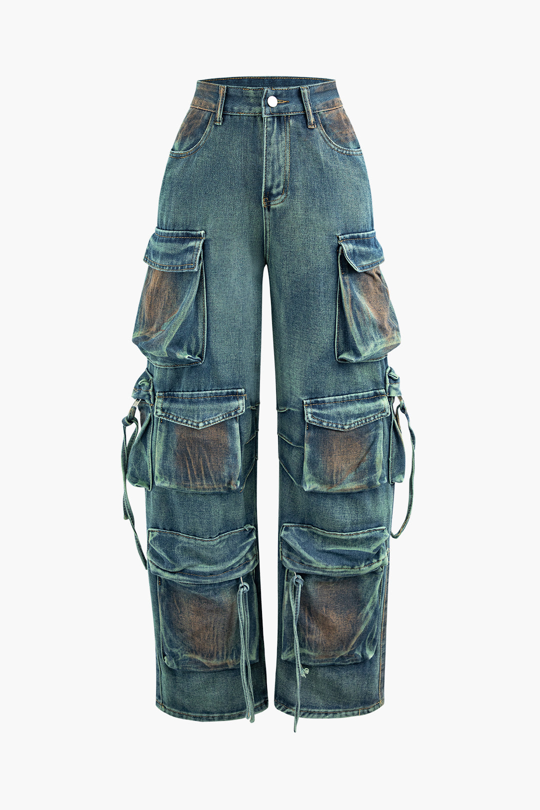 Stained Multi Flap Pocket Straight Leg Cargo Jeans for Y2K Aesthetic and Grunge Style