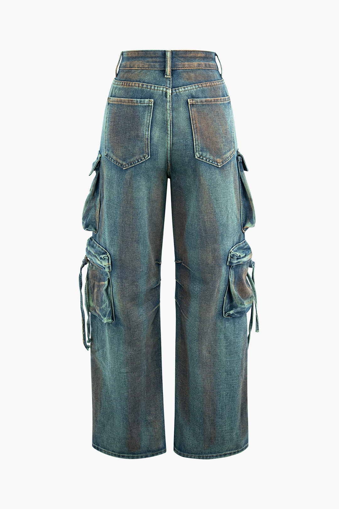 Stained Multi Flap Pocket Straight Leg Cargo Jeans for Y2K Aesthetic and Grunge Style