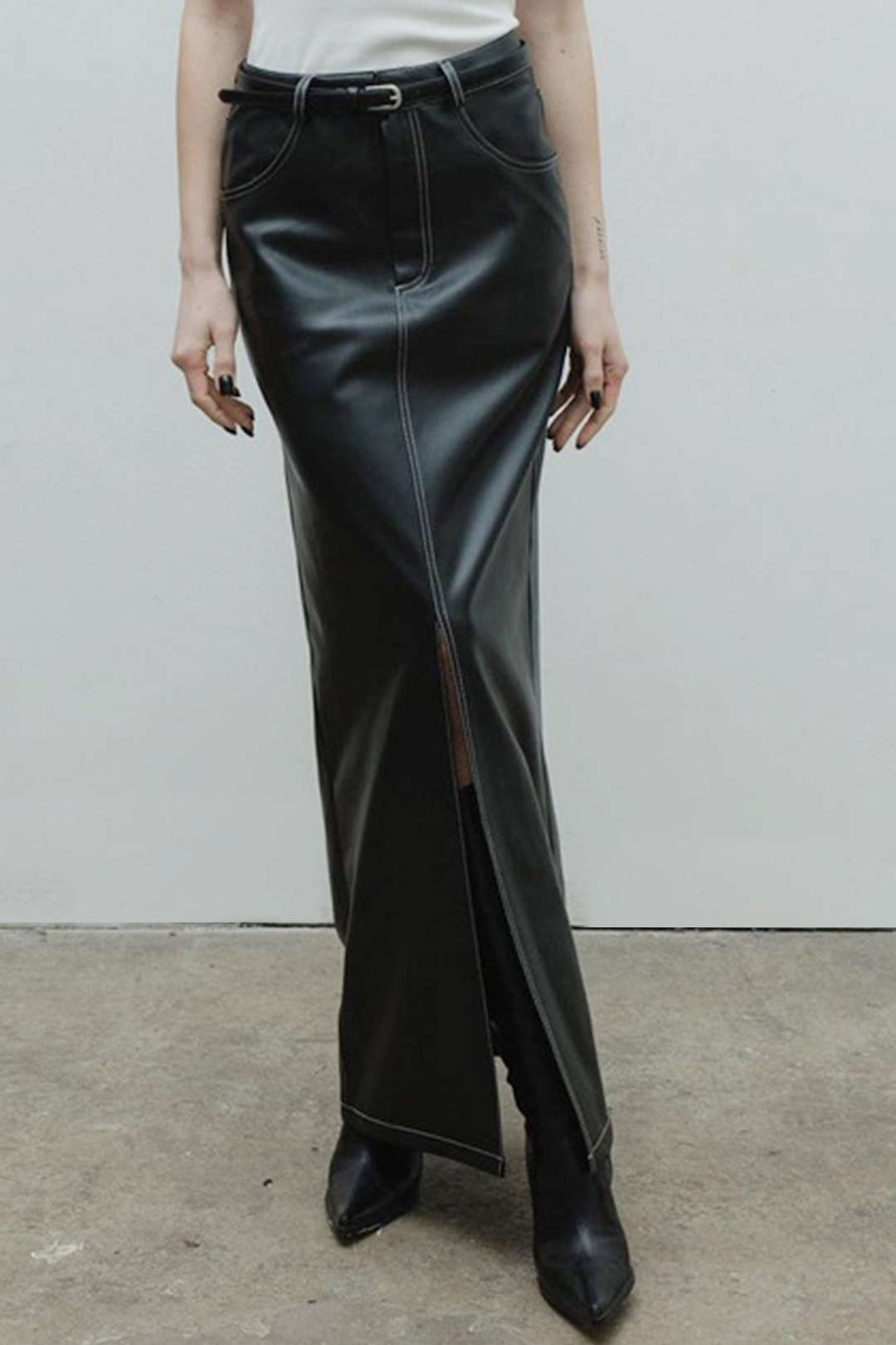 Stitching Detail Faux Leather Y2K Aesthetic Split Maxi Skirt for Trendy Outfits