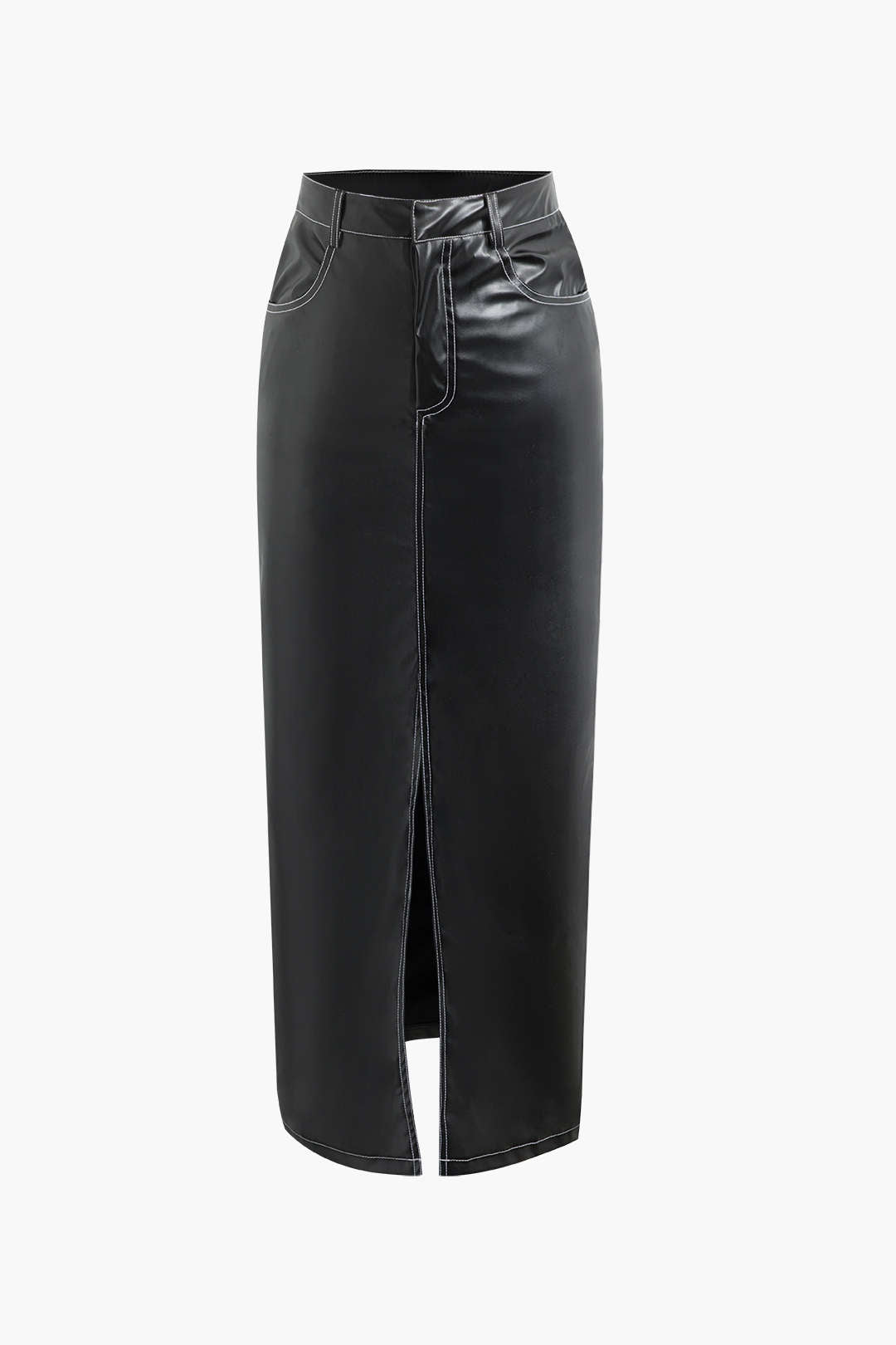 Stitching Detail Faux Leather Y2K Aesthetic Split Maxi Skirt for Trendy Outfits