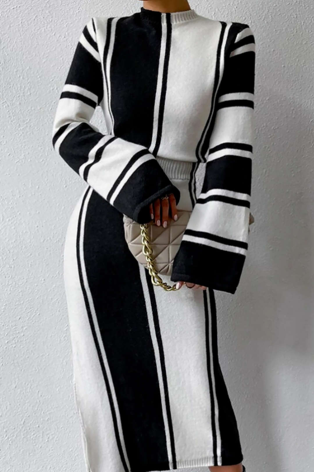 Stripe Mock Neck Knit Midi Dress - Y2K Aesthetic Fashion for Chic and Cozy Outfits