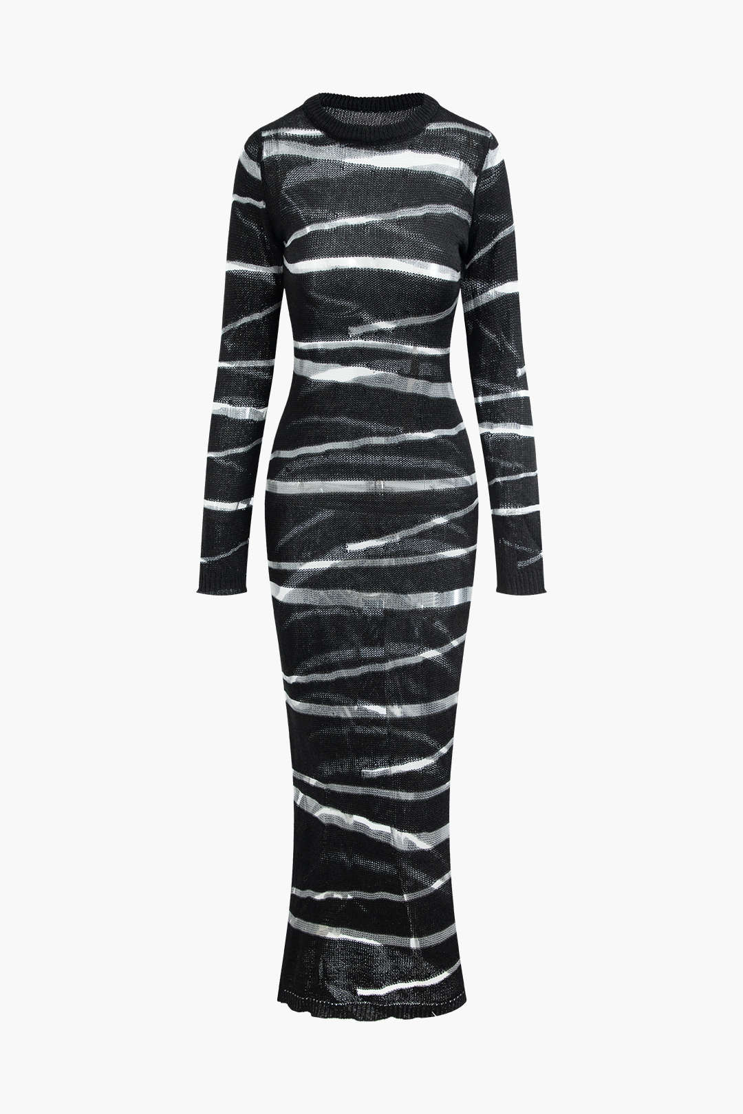 Stripe Round Neck Open Knit Long Sleeve Maxi Dress - Y2K Aesthetic Comfy Fashion Statement