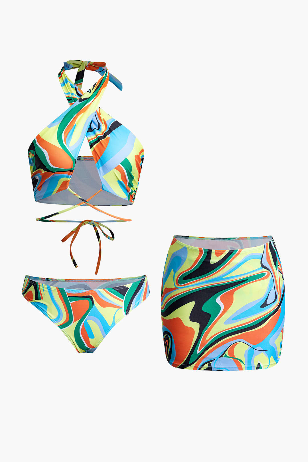 Swirl Print Cross Halter Bikini with Cover-Up Skirt - Y2K Aesthetic 3-Piece Set