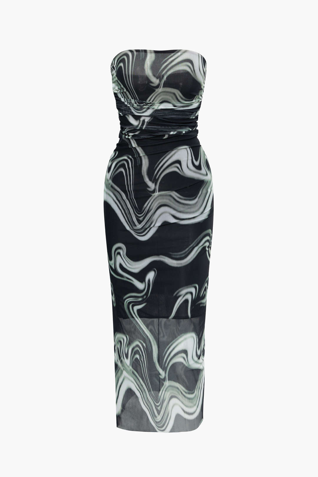 Swirl Print Strapless Ruched Mesh Midi Dress for Y2K Aesthetic and Coquette Style