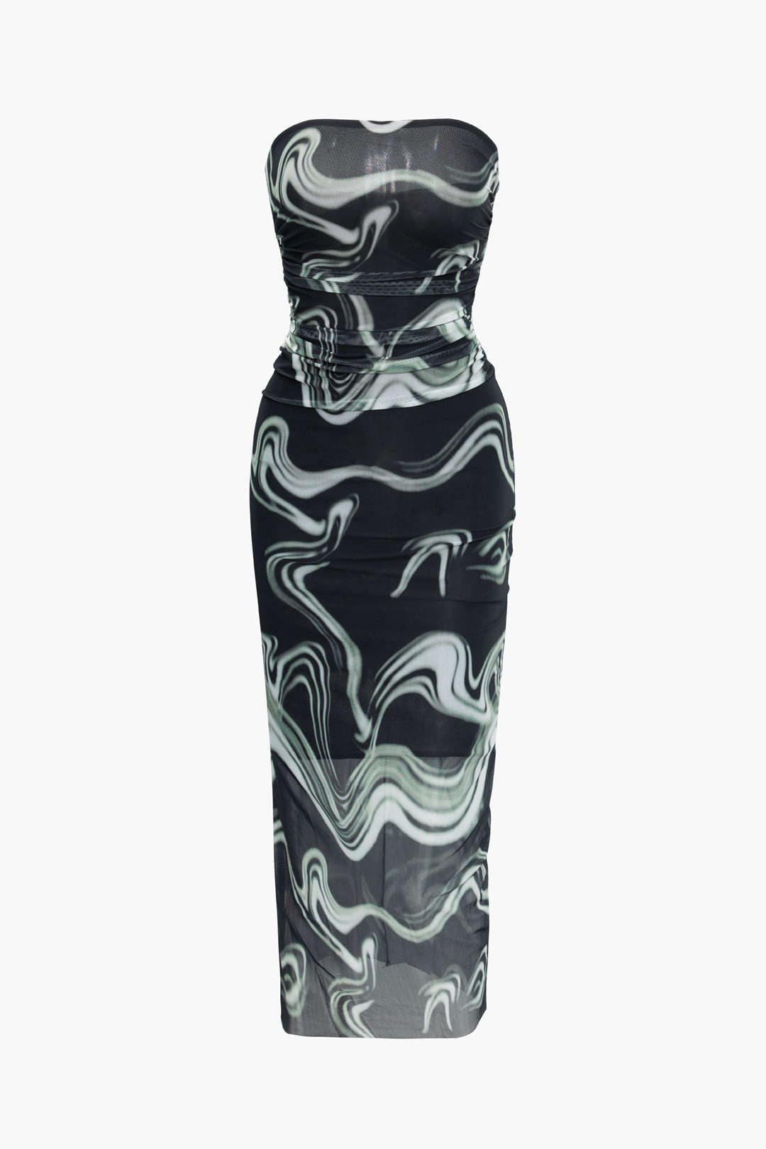 Swirl Print Strapless Ruched Mesh Midi Dress for Y2K Aesthetic and Coquette Style