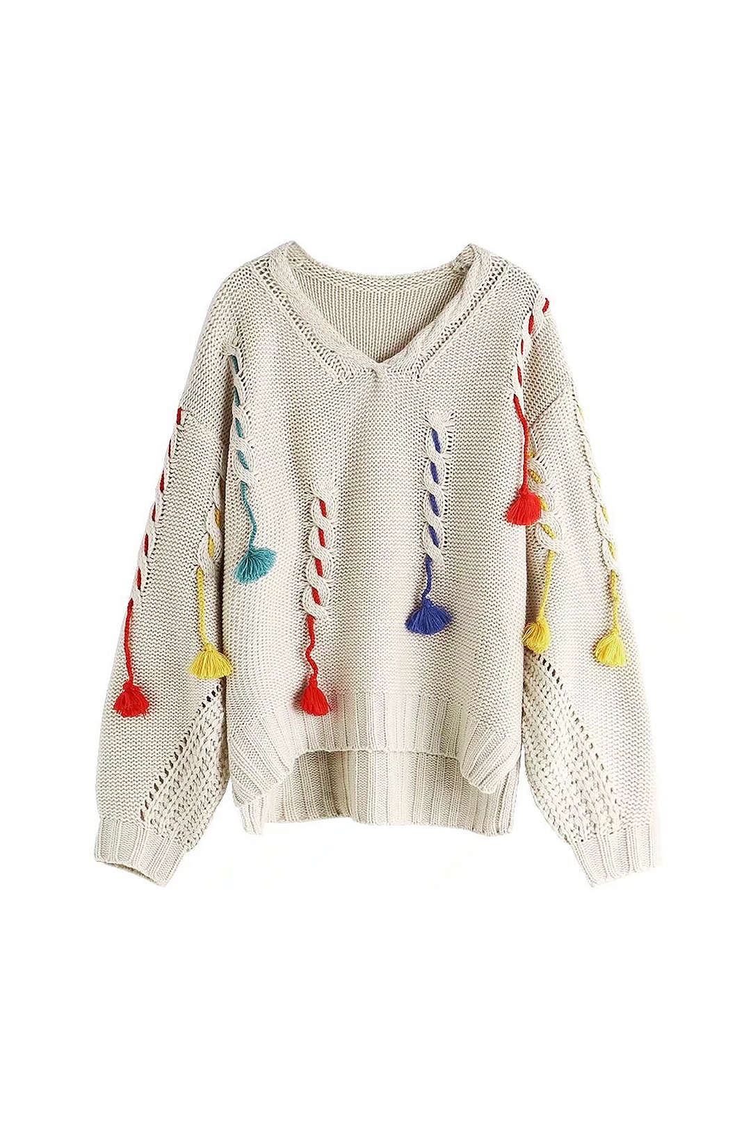 Tassel Detail V-Neck Cable Knit Pullover Sweater for Cozy Y2K Aesthetic Outfits