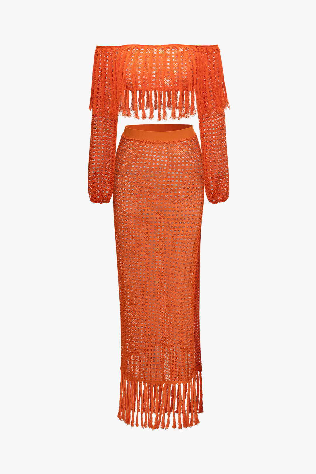 Tassel Off Shoulder Knit Crop Top with Matching Beach Maxi Skirt Set for Y2K Aesthetic