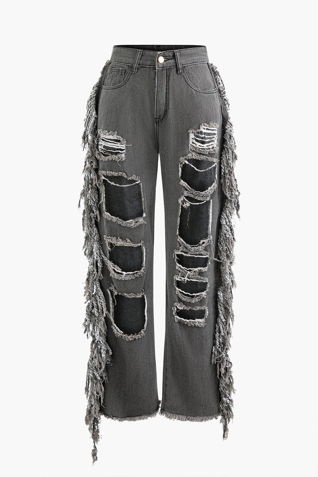 Tassel Ripped Frayed Straight Leg Jeans for Y2K Aesthetic and Grunge Style Outfits