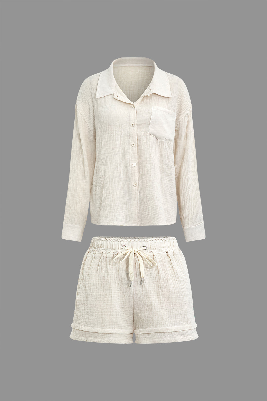 Textured Button-Up Shirt and Drawstring Waist Shorts Set for Y2K Aesthetic Outfits