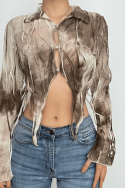 Textured Tie-Dye Long Sleeve Crop Top with Turnover Collar - Y2K Aesthetic Fashion