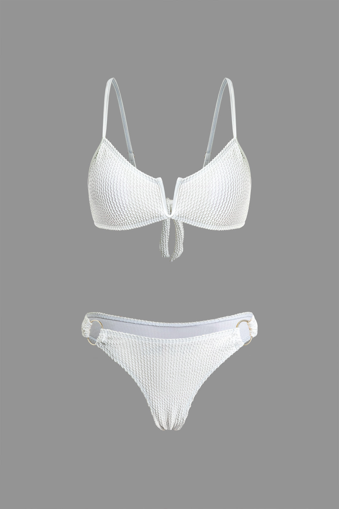 Textured V-neck Knot Back O-ring Bikini Set for Y2K Aesthetic Summer Vibes