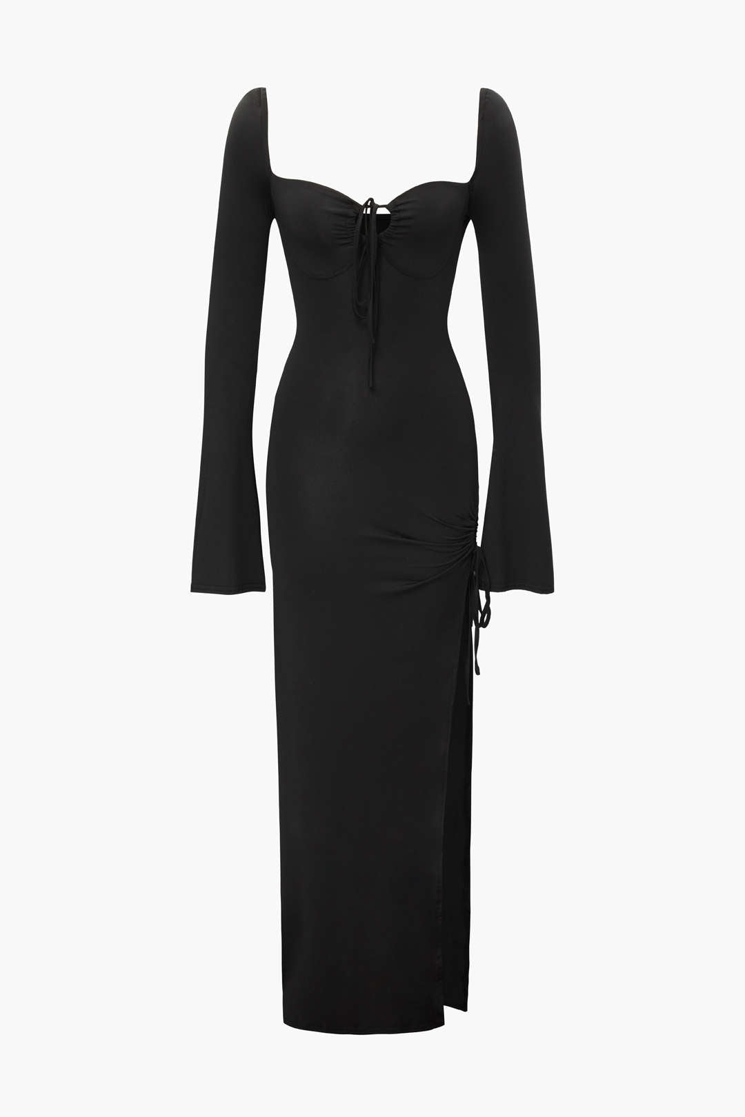 Tie Front Side Slit Long Sleeve Maxi Dress - Y2K Aesthetic Chic for Effortless Style