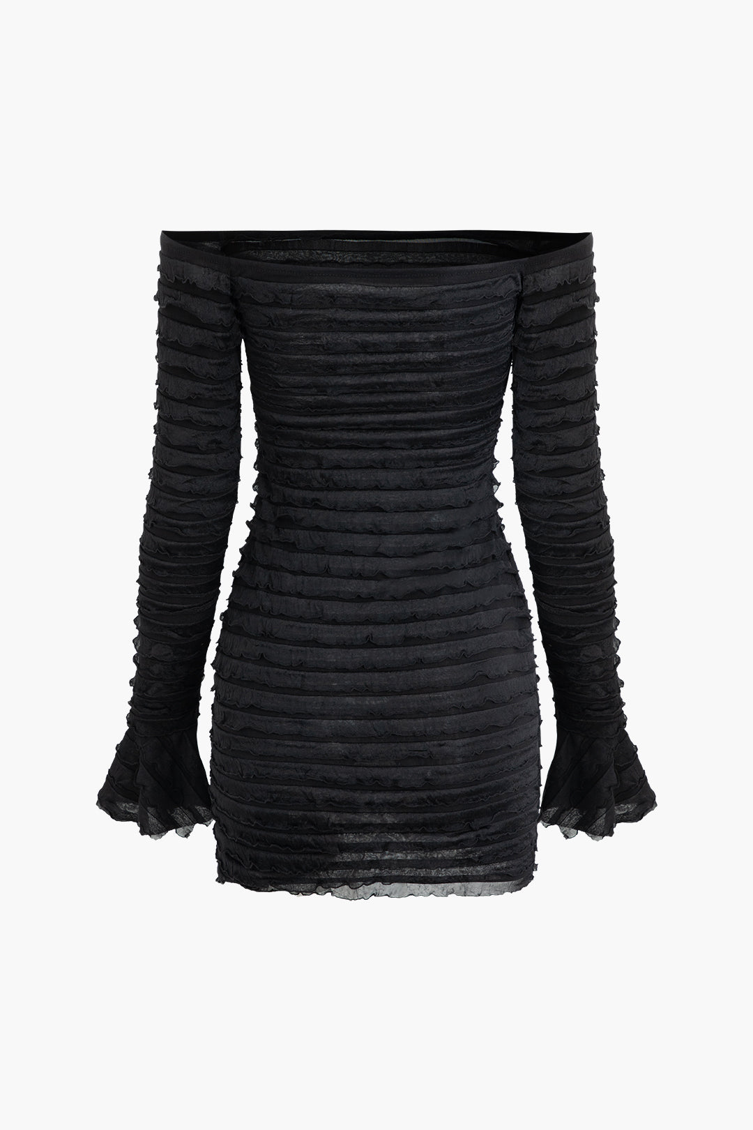 Tiered Textured Off-The-Shoulder Mini Dress with Bell Sleeves for Y2K Aesthetic Style