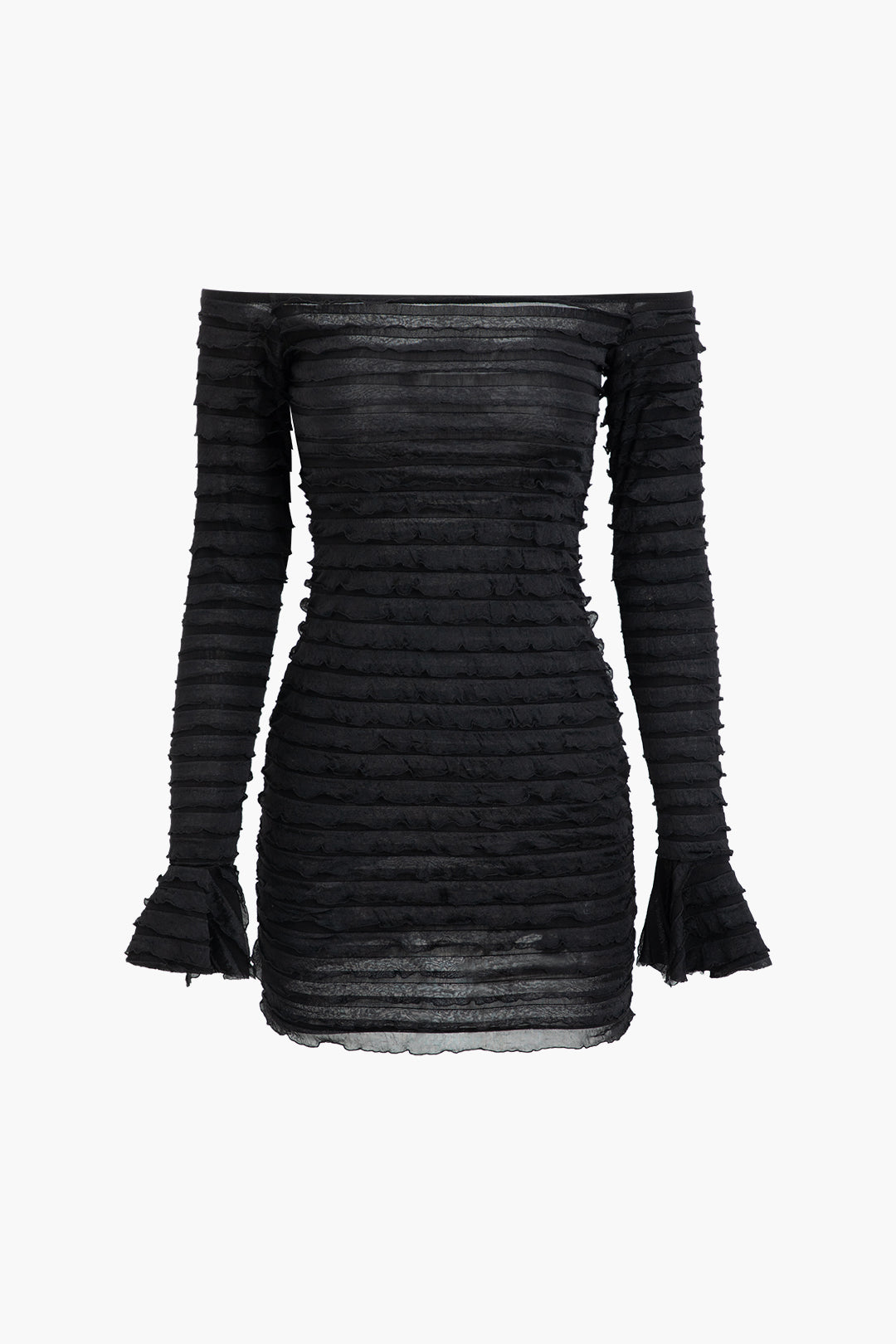 Tiered Textured Off-The-Shoulder Mini Dress with Bell Sleeves for Y2K Aesthetic Style