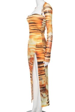 Tiger Print Y2K Aesthetic Long Sleeve Contrast Slit Cami Midi Dress for Trendy Looks