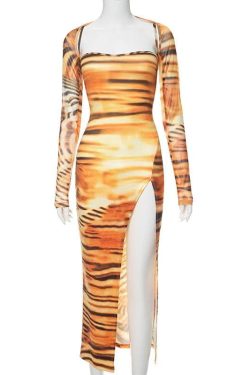 Tiger Print Y2K Aesthetic Long Sleeve Contrast Slit Cami Midi Dress for Trendy Looks