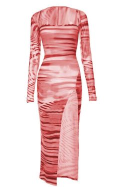 Tiger Print Y2K Aesthetic Long Sleeve Contrast Slit Cami Midi Dress for Trendy Looks