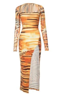 Tiger Print Y2K Aesthetic Long Sleeve Contrast Slit Cami Midi Dress for Trendy Looks