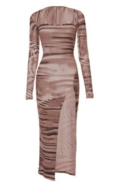 Tiger Print Y2K Aesthetic Long Sleeve Contrast Slit Cami Midi Dress for Trendy Looks