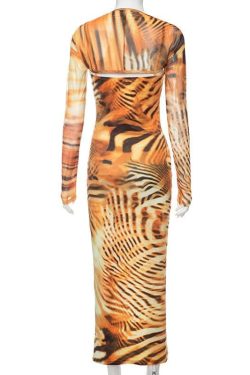 Tiger Print Y2K Aesthetic Long Sleeve Contrast Slit Cami Midi Dress for Trendy Looks