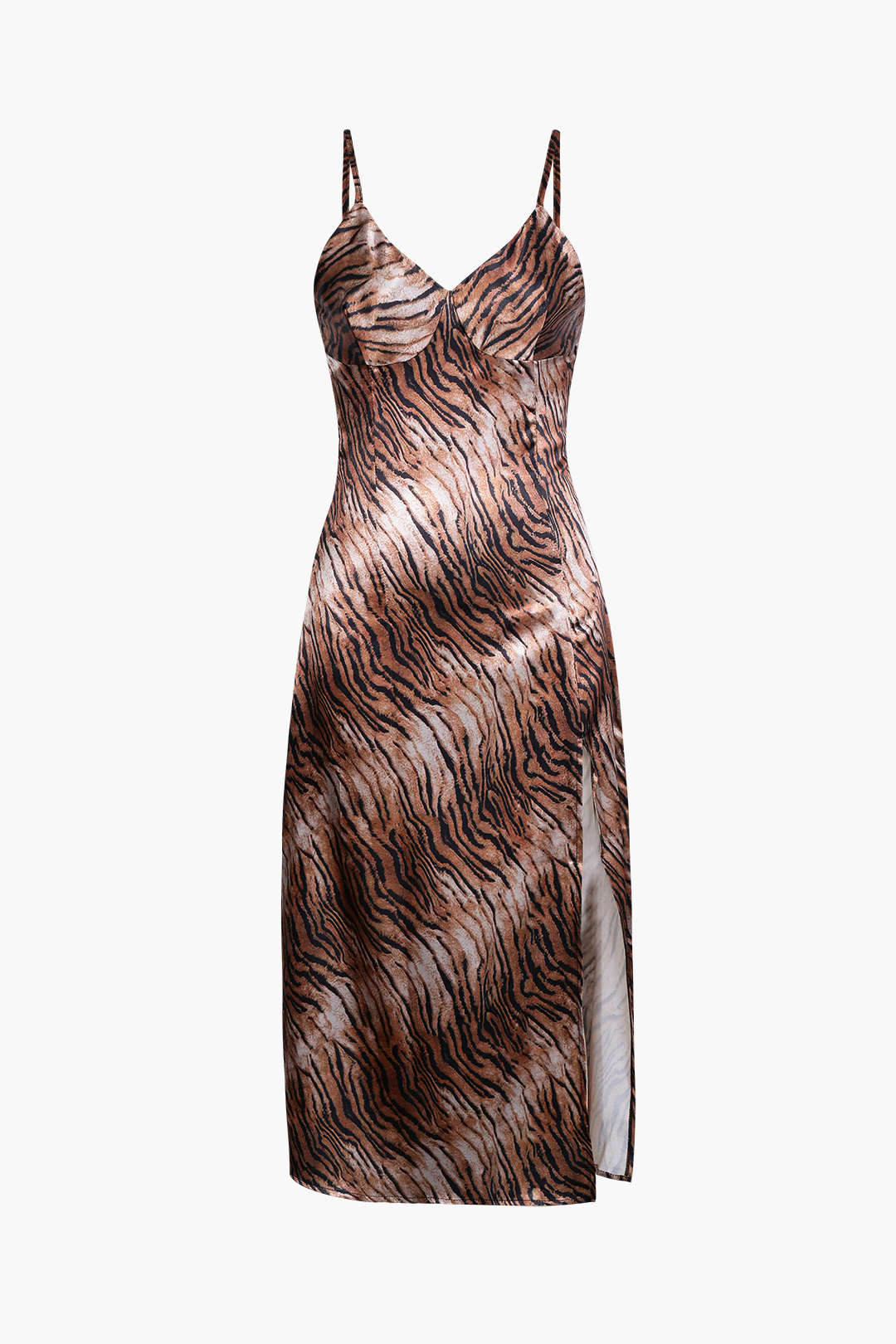 Tiger Print Y2K Aesthetic Split Midi Dress for Trendy Coquette and Grunge Styles