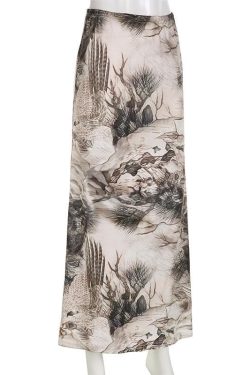 Tree Print Contrast Low Rise Maxi Skirt - Y2K Aesthetic Boho Style for Trendy Outfits