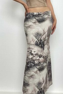 Tree Print Contrast Low Rise Maxi Skirt - Y2K Aesthetic Boho Style for Trendy Outfits