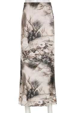 Tree Print Contrast Low Rise Maxi Skirt - Y2K Aesthetic Boho Style for Trendy Outfits