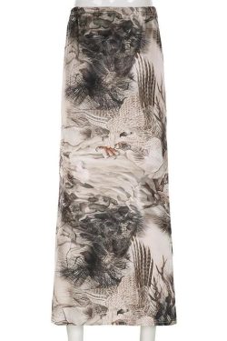 Tree Print Contrast Low Rise Maxi Skirt - Y2K Aesthetic Boho Style for Trendy Outfits