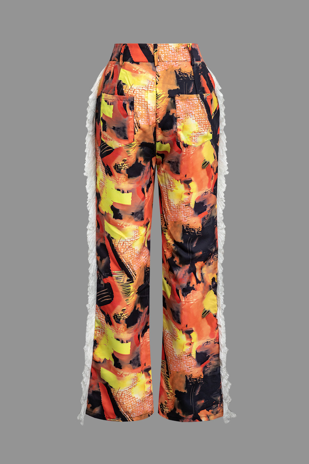 Trendy Abstract Print Fringe Pants for Y2K Aesthetic and Grunge Style Outfits